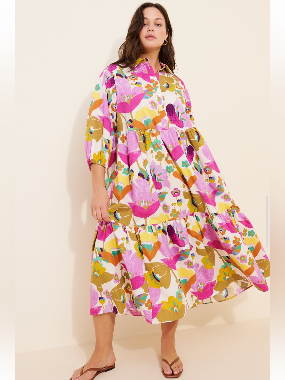 Anthropologie Maeve The Bettina Tiered Shirt Dress in Multi Floral. Size: Medium